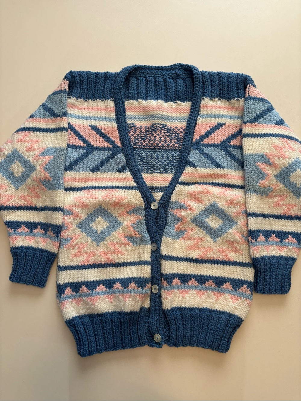 Vintage hand knitted cardigan sweater Aztec design bright beautiful outstanding